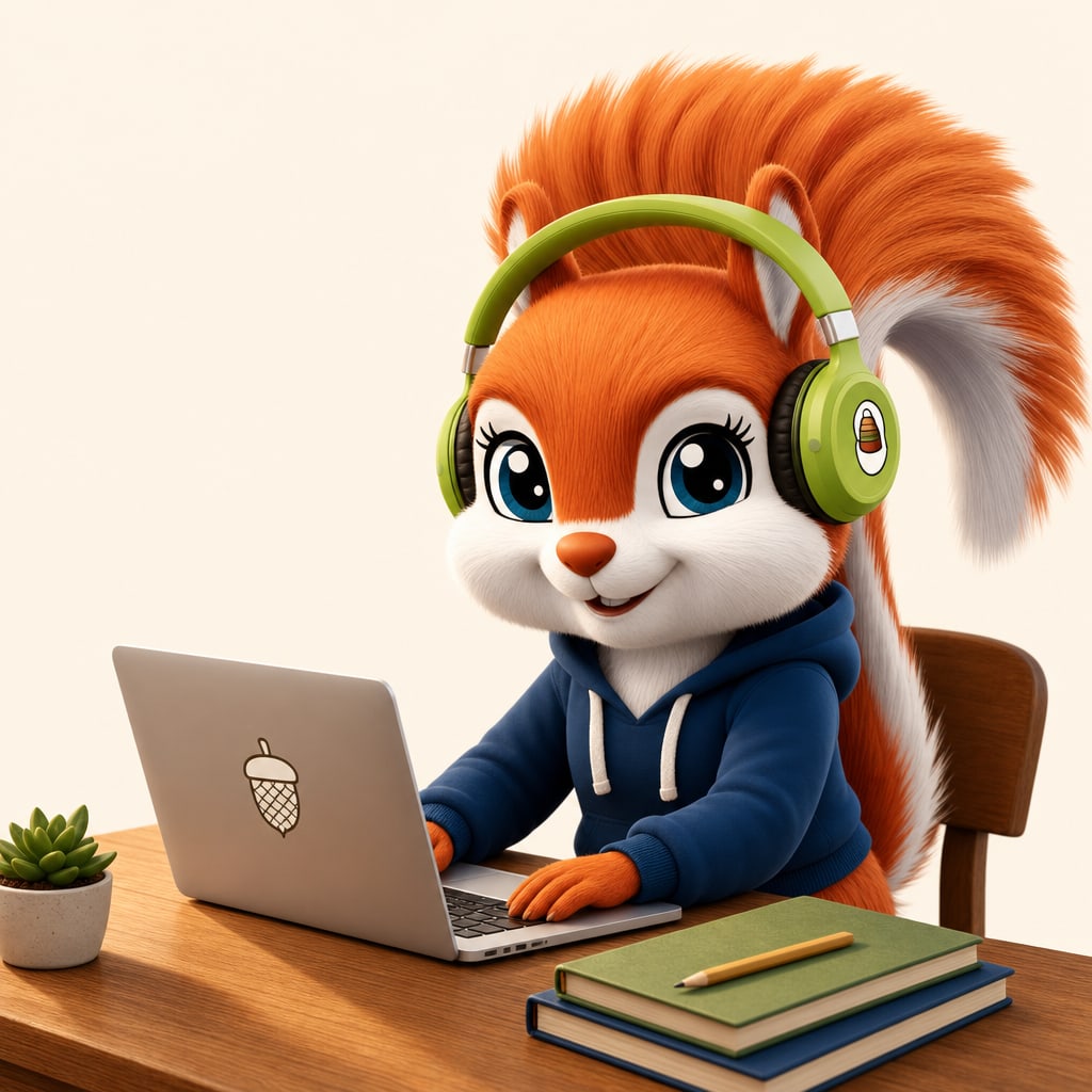 Sanjab studying on a laptop with green headphones