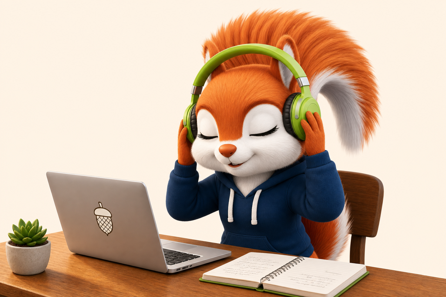 Sanjab listening with headphones and taking notes